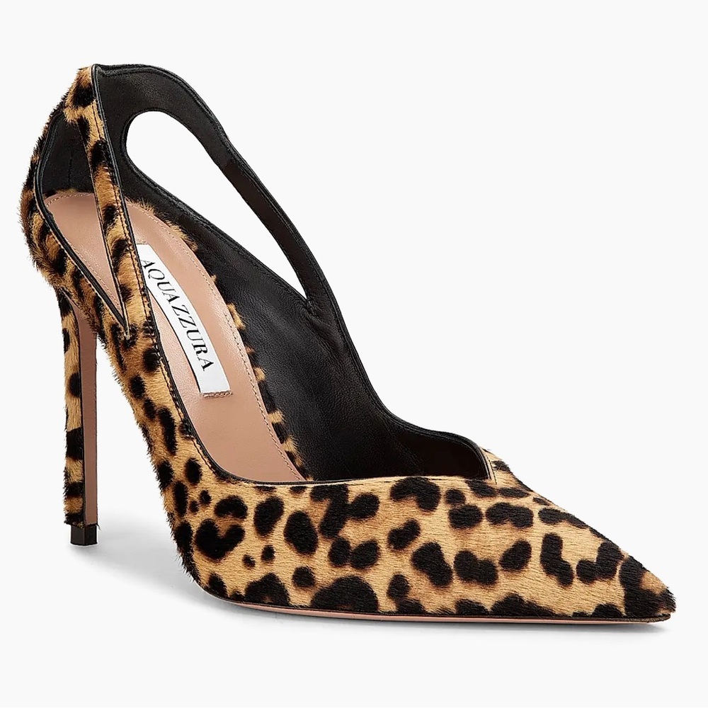 Aquazzura Sheeva Leopard Natural Pony Hair Print Cut-Out Heels 105mm Size 39 NEW - Picture 2 of 16